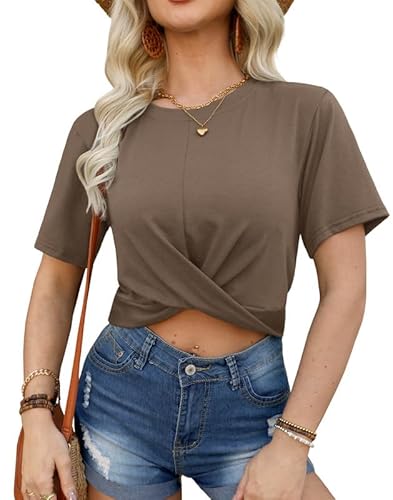 For G and PL Damen Rundhals Kurzarm T-Shirt mit Twist Bauchfreies Oberteil Sommershirts Braun Crop Top XS von For G and PL