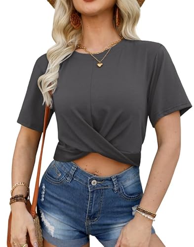 For G and PL Damen Rundhals Kurzarm T-Shirt mit Twist Bauchfreies Oberteil Sommershirts Grau Crop Top XL von For G and PL