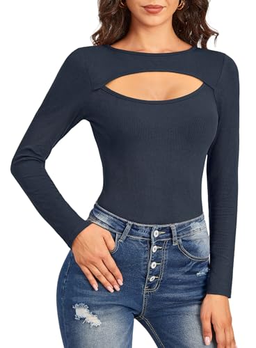 For G and PL Damen Herbst Cut Outs Tops Sexy Freizeit Langarm Rundhalsausschnitt Langarmshirt Navy Blau L von For G and PL