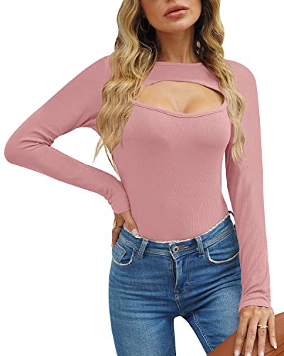 For G and PL Damen Winter Basic Cut Outs Tops Langarm Rundhalsausschnitt Sexy Freizeit Langarmshirt Rosa L von For G and PL