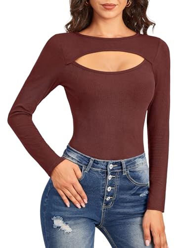 Damen Basic Einfarbig Cut Outs Tops Rundhalsausschnitt Langarm Sexy Freizeit Oberteil Burgundy L von For G and PL