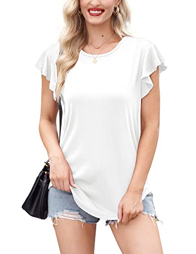 For G and PL Damen Baumwolle Oversize T-Shirt Sommer Rüschenärmel Einfarbig Oberteil Kurzarm Weiß Tops XL von For G and PL