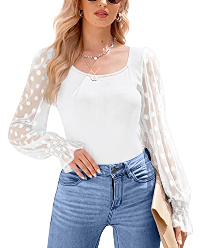 For G and PL Langarmshirts Damen Oberteil Mesh Puffärmeln Shirts Damen Slim Oberteile Mesh Puff Langarm Weiß S von For G and PL