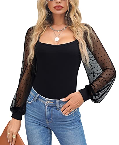 For G and PL Langarmshirt mit Polka Dots Mesh Puffärmeln Shirts Langarmshirts Mesh Puff Langarm Damen Slim Oberteile Damen Oberteil schwarz XS von For G and PL