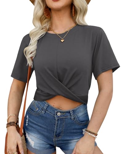 For G and PL Damen Slim Fit Kurz T-Shirt Bauchfreies Oberteil mit Twist Sommershirts Grau Crop Top L von For G and PL