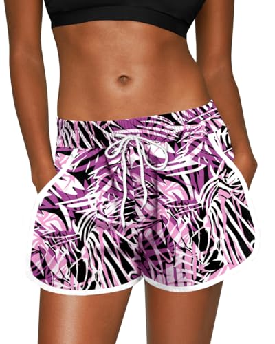 For G and PL Damen Sommer Boardshorts Tropical Mit Bund Und Druck Boardhose Violett&Blätter S von For G and PL