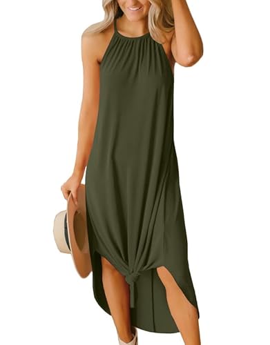 For G and PL Damen Sommer Casual Neckholder Seitenschlitz Lang Maxi Strandkleid Urlaub Resort Sommerkleid, Oliv/Blatt für mich (Leaf It to Me), X-Groß von For G and PL