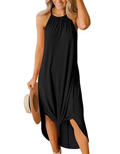 For G and PL Damen Sommer Casual Neckholder Seitenschlitz Lang Maxi Strandkleid Urlaub Resort Sommerkleid, Schwarz, Klein von For G and PL