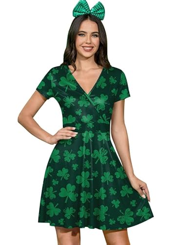 For G and PL Damen St. Patrick's Day Kurzarm V-Ausschnitt Wickelkleid, Kleeblatt, Grün, XX-Large von For G and PL