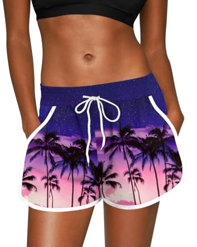 For G and PL Damen Summer Shorts Tropitisch mit Board und Mustern Boardshorts Kokospalme Blau Violett XXL von For G and PL