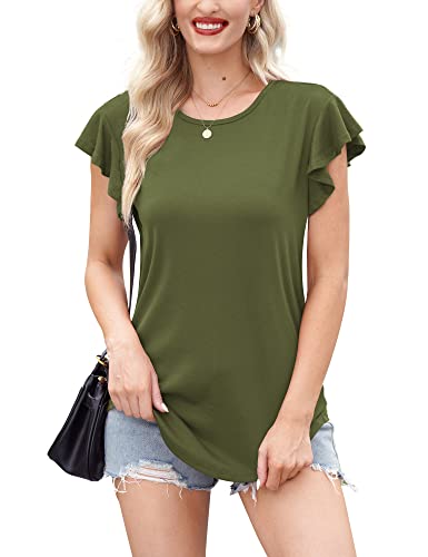 For G and PL Damen Lang Sommerbluse Longshirt T-Shirt Kurzarm Olivgrün Rüschenärmel Einfarbig Oberteil Tops XL von For G and PL