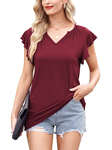 For G and PL Damen Sexy Bluse Casual Basic Sommer T-Shirt Rüschenärmel Einfarbig Oberteil Kurzarm Rot Tops M von For G and PL