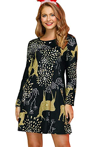 For G and PL Damen Ugly Weihnachten Print Mini Kleid Lange Armel Rudolph Rentier Elch Drucken Blusenkleid S von For G and PL