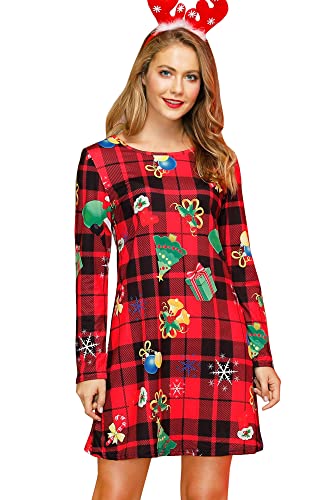 For G and PL Damen Ugly Weihnachten Print Mini Kleid Lange Armel Rudolph Rentier Elch Drucken Blusenkleid S von For G and PL