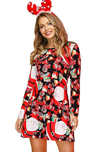 For G and PL Damen Ugly Weihnachten Print Mini Kleid Lange Armel Rudolph Rentier Elch Drucken Blusenkleid S von For G and PL