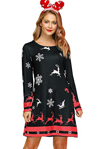 For G and PL Damen Ugly Weihnachten Print Mini Kleid Lange Armel Rudolph Rentier Elch Drucken Blusenkleid S von For G and PL