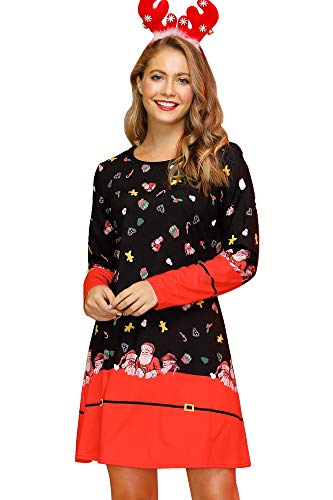 For G and PL Damen Ugly Weihnachten Print Mini Kleid Lange Armel Rudolph Rentier Elch Drucken Blusenkleid S von For G and PL