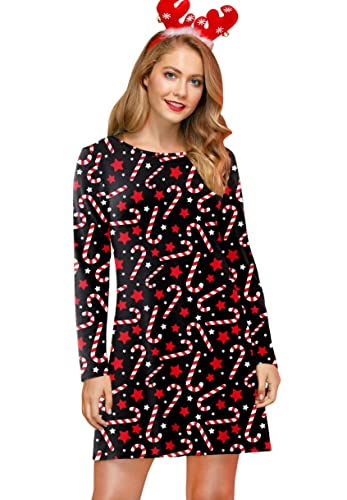 For G and PL Damen Ugly Weihnachten Print Mini Kleid Lange Armel Rudolph Rentier Elch Drucken Blusenkleid S von For G and PL