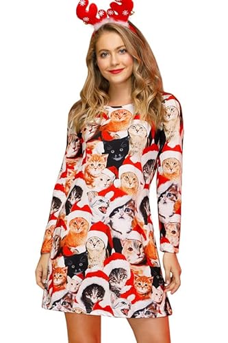 For G and PL Damen Ugly Weihnachten Print Mini Kleid Lange Armel Rudolph Rentier Elch Drucken Blusenkleid S von For G and PL