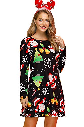 For G and PL Damen Ugly Weihnachten Print Mini Kleid Lange Armel Rudolph Rentier Elch Drucken Blusenkleid S von For G and PL