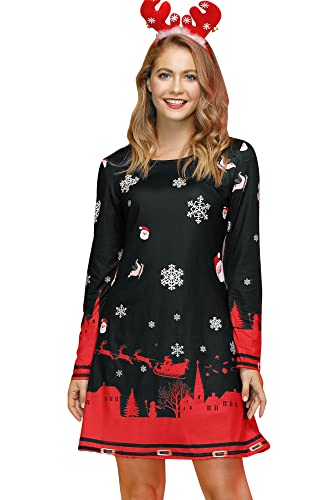 For G and PL Damen Ugly Weihnachten Print Mini Kleid Lange Armel Rudolph Rentier Elch Drucken Blusenkleid S von For G and PL