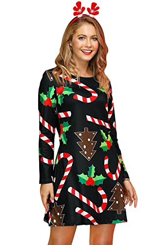 For G and PL Damen Ugly Weihnachten Print Mini Kleid Lange Armel Rudolph Rentier Elch Drucken Blusenkleid S von For G and PL