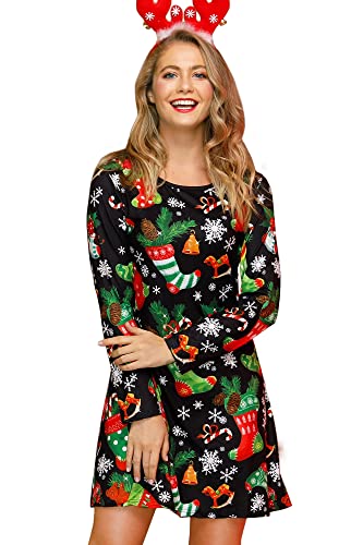 For G and PL Damen Ugly Weihnachten Print Mini Kleid Lange Armel Rudolph Rentier Elch Drucken Blusenkleid S von For G and PL