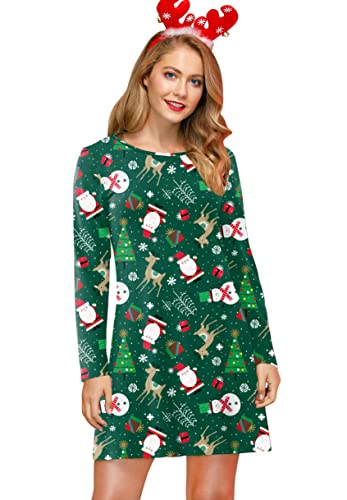 For G and PL Damen Ugly Weihnachten Print Mini Kleid Lange Armel Rudolph Rentier Elch Drucken Blusenkleid S von For G and PL