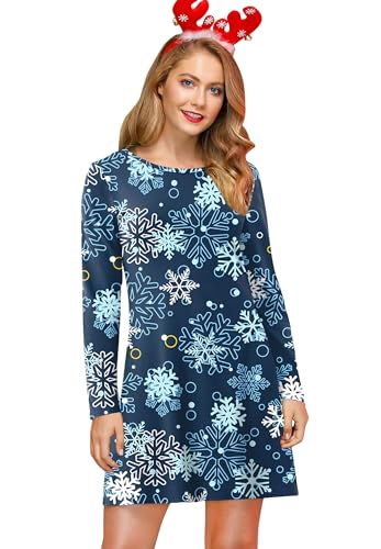 For G and PL Damen Ugly Weihnachtskleid Xmas Kleid Weihnachten Print Drucken Partykleid Xmas Schneeflocken Blau XL von For G and PL