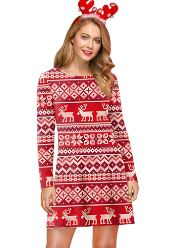 For G and PL Damen Ugly Weihnachtskleid Xmas Weihnachten Print Elch Drucken Partykleid Kleider Rentier Rot XL von For G and PL