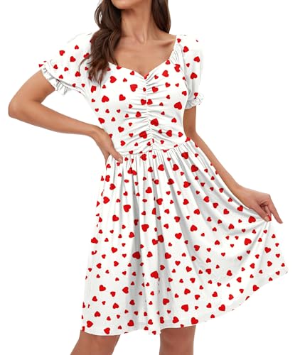 For G and PL Damen-Swing-Kleid mit Herz-Aufdruck, gerüschte Puffärmel, 1950er-Jahre-Kleid, Weiss/opulenter Garten, Mittel von For G and PL