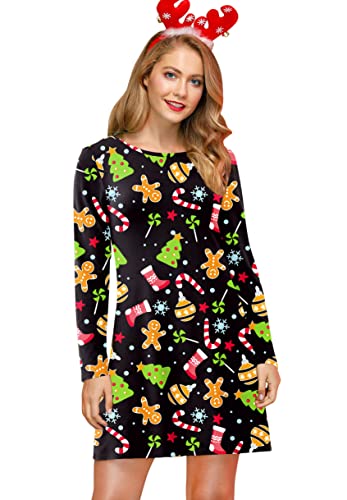 For G and PL Damen Weihnachten Kleid Ugly Langarm Kleid Rundhals Party Kleider Lebkuchenmann Schwarz XXL von For G and PL