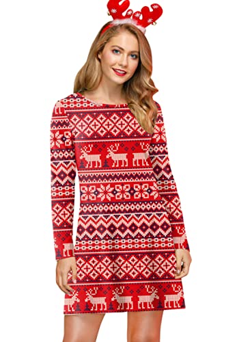 For G and PL Damen Weihnachten Kleid Ugly Langarm Kleid Rundhalsausschnitt Party Kleider Rentier Rot XXL von For G and PL