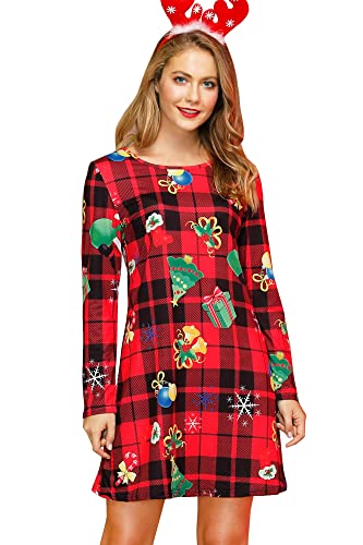 For G and PL Damen Weihnachten Kleid Ugly Langarm Kleid Rundhalsausschnitt Party Kleider Schwarz Rot Karo XXL von For G and PL