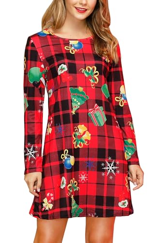 For G and PL Damen Weihnachten Langärmelige Festliches Partykleid Casual Rundhals Xmas Kleid Schwarz Rot Karo L von For G and PL