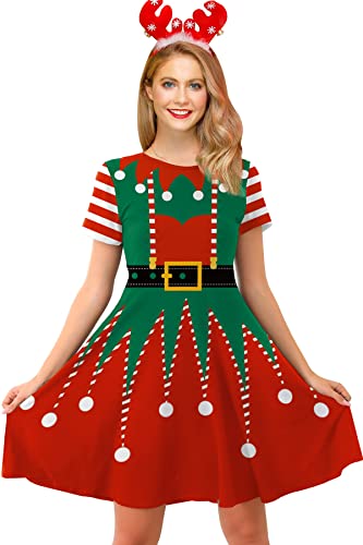 For G and PL Damen Weihnachten Party Kleider Midi Weich Kleid Lustig Druck L von For G and PL