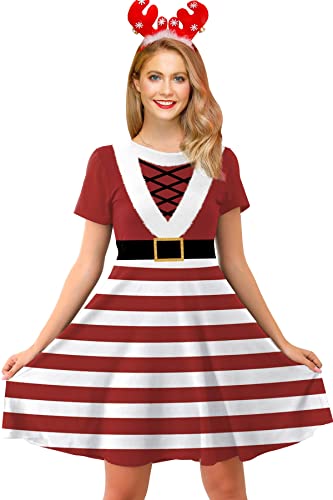 For G and PL Damen Weihnachten Party Kleider Midi Weich Kleid Lustig Druck L von For G and PL