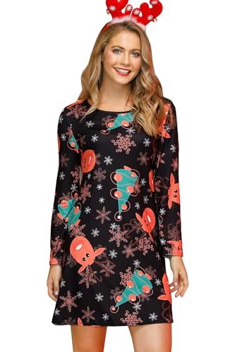 For G and PL Damen Weihnachten Print Mini Kleid Lange Armel Drucken Blusenkleid Bäume Schnee Rentier S von For G and PL