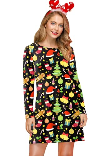 For G and PL Damen Weihnachten Print Mini Kleid Lange Armel Rudolph Rentier Elch Drucken Blusenkleid Weihnachten S von For G and PL