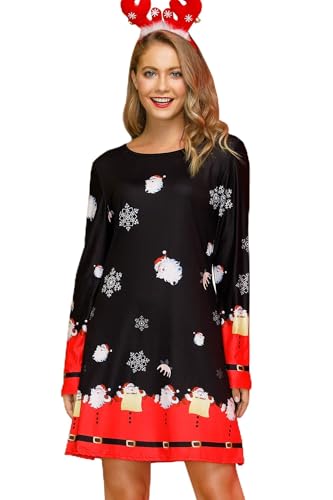 For G and PL Damen Weihnachten Ugly Print Mini Kleid Lange Armel Partykleid Drucken Blusenkleid Santa Claus Schwarz S von For G and PL