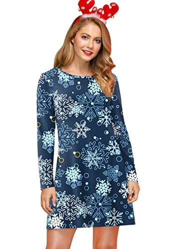 For G and PL Damen Weihnachten Ugly Weihnachtskleid Xmas Kleid Print Partykleid Drucken Schneeflocken Blau XL von For G and PL