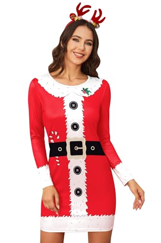 For G and PL Damen Weihnachten Ugly Weihnachtskleid Xmas Kleid Print Partykleid Weihnachtsmannkostüm Rot XL von For G and PL