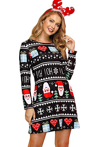 For G and PL Damen Weihnachten Ugly Weihnachtskleid Xmas Rundhals Kleid Print Partykleid Kleidung Santa Schwarz XL von For G and PL