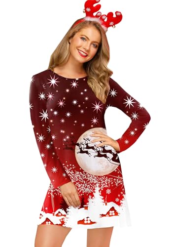 For G and PL Damen Weihnachten Vintage Rundhals Retro Elegant Party Kleider Xmas Weihnachtskleid Rentier Rot M von For G and PL