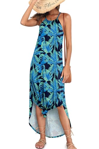 For G and PL Damen Sommerkleid leicht Strandkleid Maxikleid mit Spaghettiträgern Casual-Kleid Blaue Blätter S von For G and PL