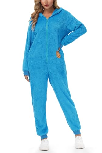 For G and PL Erwachsene Jumpsuit Onesie Pyjama Tier Karton Damen Karneval Kostüm Winter Schlafanzug Blau S von For G and PL