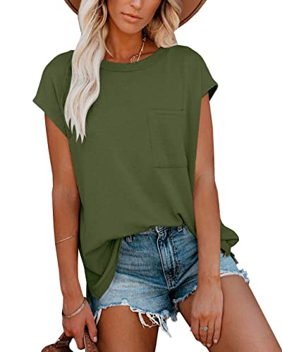 Damen Rundhals Oberteil Casual Freizeit Sommer Elegant T-Shirt mit Tasche Oliv S von For G and PL