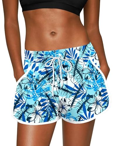 For G and PL Frauen Sommer Boardshorts Tropical Mit Hohe Taille Flower Mustern Bademode Hellblau L von For G and PL