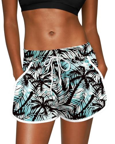 For G and PL Frauen Sommer Boardshorts Tropical mit Kordelzug und Print Bademode Kokospalme Blau Schwarz L von For G and PL