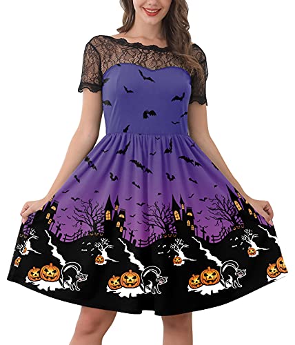 For G and PL Halloween Damen Druck Karneval oder Mottoparty Kostüm Midikleid Spitzenkrägen Dress Party Kleider XL von For G and PL